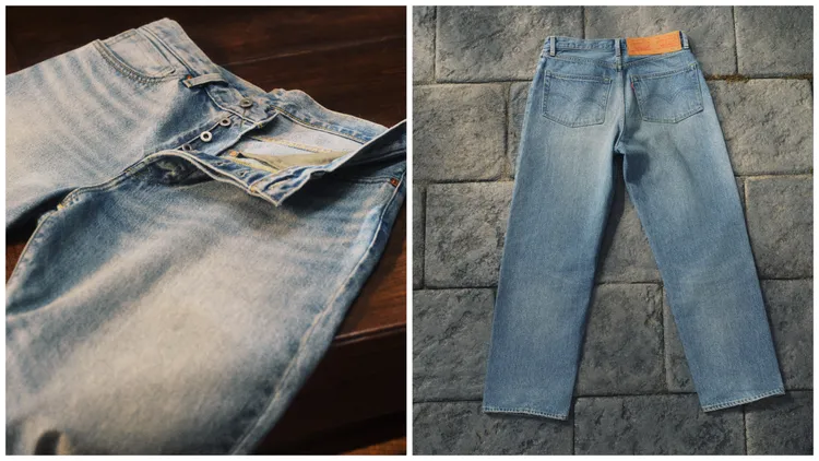 丹寧褲擁有與外套相同的淺色復古水洗色澤與限定版皮標與吊牌。品牌提供