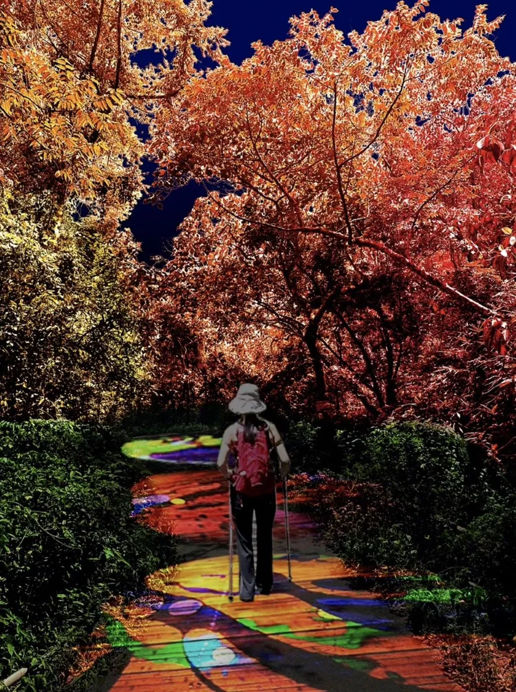 屏東「奇幻大津」結合山水瀑布、在地文化與光環境的夜遊體驗（模擬圖）。縣府提供