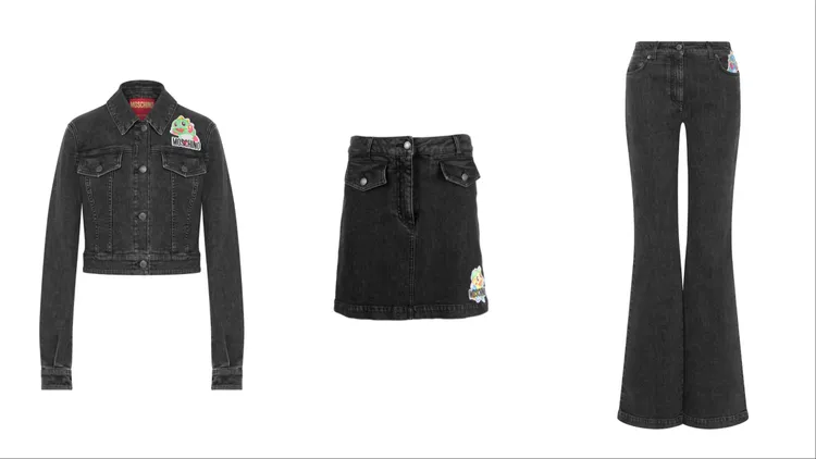 女款泡泡龍牛仔外套（左起）3萬6500元、女款泡泡龍牛仔裙2萬6500元、女款泡泡龍牛仔褲2萬7500元。品牌提供