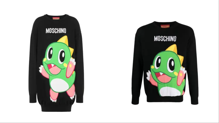 女款泡泡龍針織洋裝（左）3萬6500元、男款泡泡龍針織衫（右）3萬500元。品牌提供