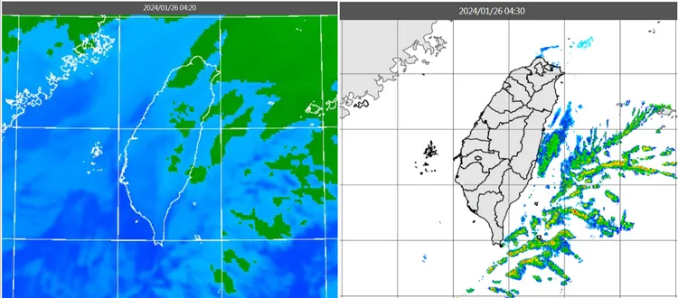 今(26日)晨4：20紅外線色調強化雲圖顯示，迎風面有零散低層雲(左圖)。4：30雷達回波合成圖顯示，降水回波大多在東側海上(右圖)。取自氣象應用推廣基金會