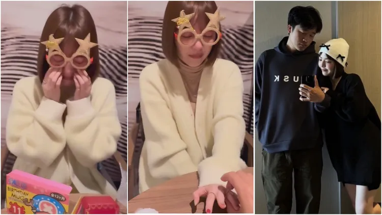 可青發現馬克杯盒子裡裝的是鑽戒，瞬間爆哭，男友則貼心幫她戴上求婚鑽戒(中)。翻攝自可青IG