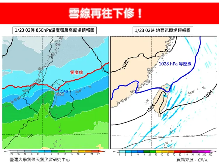 氣象專家林得恩指出，預測顯示，明後2天地面氣壓1028hPa線已跨過台北市。翻攝自臉書「林老師氣象站」