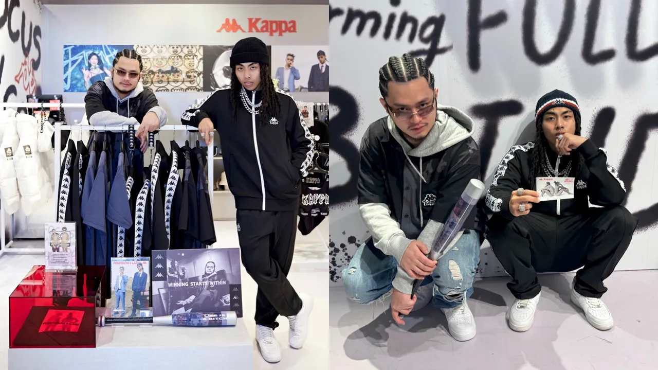 「Asiaboy禁藥王& Lizi 栗⼦」與義大利潮流運動品牌Kappa推出聯名系列。左圖品牌提供、右圖劉旻君攝