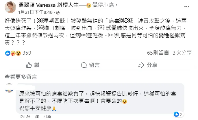 溫翠蘋提到的週四晚上被「病毒」攻擊，正好是她被家暴的18日。翻攝自溫翠蘋臉書