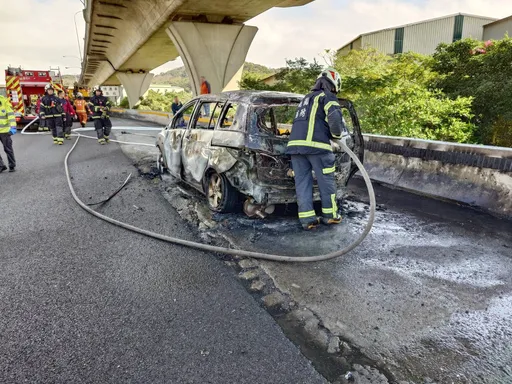 國1林口段計程車冒煙急停避車灣瞬陷火海 運將、乘客及時下車逃一劫