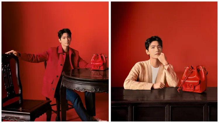 楊洋換上紅色夾克以及米色開襟針織衫打造休閒穿搭。品牌提供