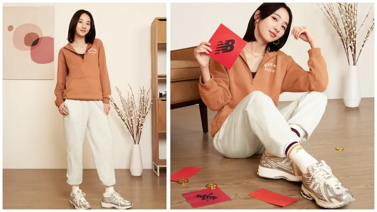 李沐利用焦糖橘上衣搭上銀白拼接的1906R鞋款。品牌提供