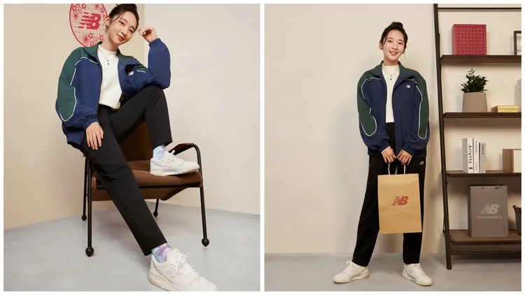 李沐選穿白色拼接奶白色「N」徽標的550。品牌提供