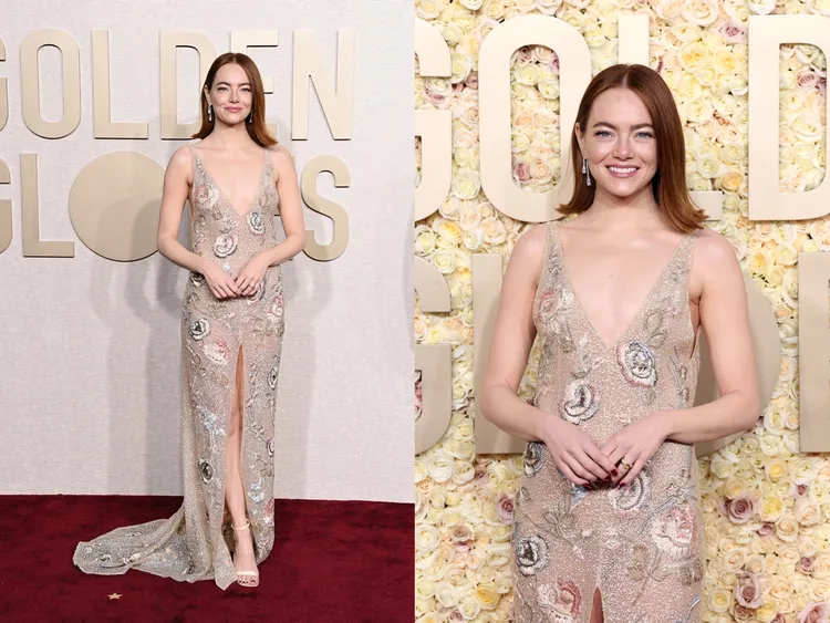 艾瑪史東在早先的金球獎頒獎典禮上，選穿LV訂製金色深V領手工花朵刺繡洋裝。品牌提供