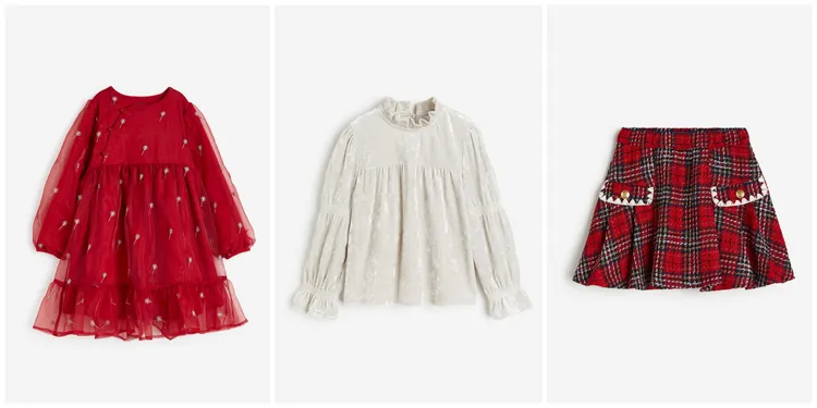 印花透明硬紗洋裝（左）999元、荷葉領絲絨女衫（中）499元、百褶裙（右）799元。品牌提供
