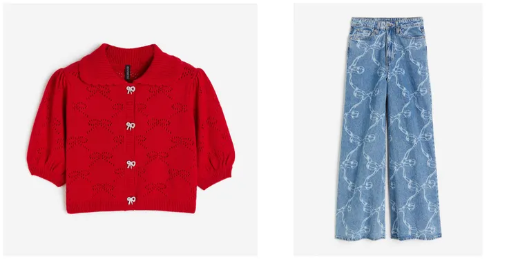 公主袖網紗花式鉤織開襟衫（左）799元、喇叭高腰牛仔褲（右）1299元。品牌提供