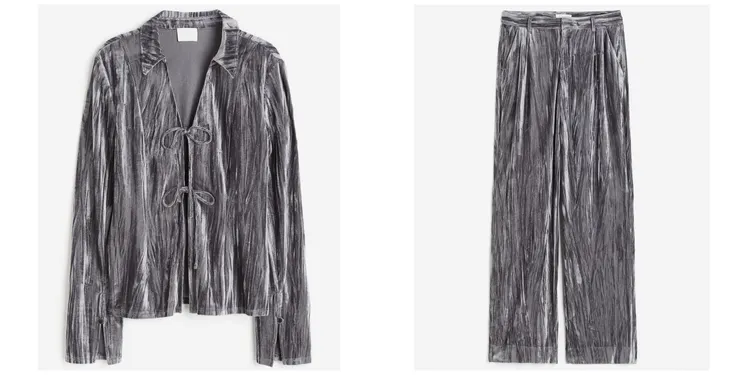 前綁結天鵝絨女衫（左）799元 、寬鬆天鵝絨長褲（右）999元。品牌提供