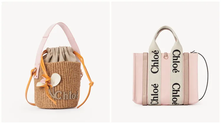 Chloé Woody木蘭花編織水桶包（左）3萬1900元 、Woody粉色小型托特包（右）3萬8900元。品牌提供