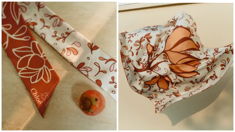 圍巾、絲巾同樣佈滿木蘭花圖樣。品牌提供