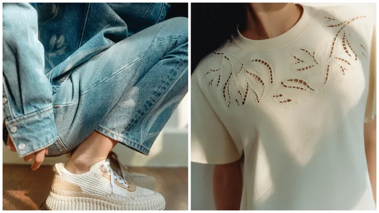 以刺繡工藝與鐳射列印技術將木蘭花呈現在服飾面料上。品牌提供