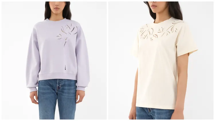 Chloé紫丁香色長袖上衣（左）2萬4800元、木蘭花白色T恤（右）1萬7700元。品牌提供