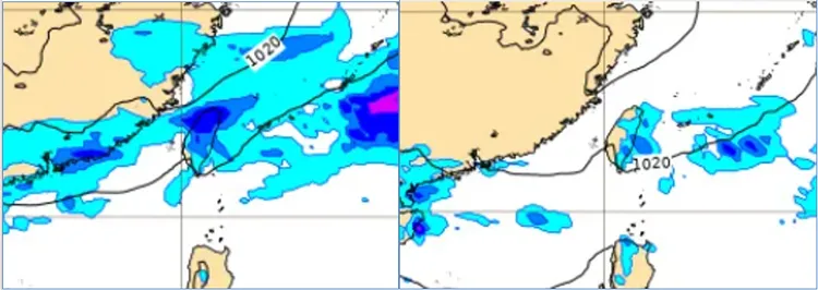 最新(1日20時)歐洲(ECMWF)模式，8日20時地面氣壓及降水模擬圖顯示，降雨範圍逐步擴大至中部，及南部山區(左圖)。9日20時模擬圖顯示顯示，除夕(9日)降雨稍減少(右圖)。取自氣象應用推廣基金會