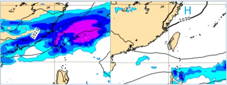 左圖8日8時地面氣壓及降水模擬圖顯示，降雨範圍擴大至中部、及南部山區。右圖12日20時地面氣壓及降水模擬圖顯示，受「大陸高壓」東移影響，天氣晴朗穩定。取自氣象應用推廣基金會