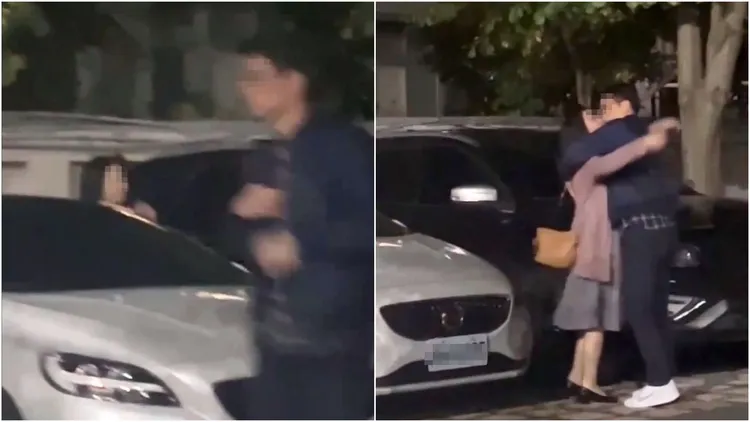 爆料者指稱，2人下車後套上外衣(左)，前去繳停車費返回車前，又忍不住激情擁吻。翻攝自論壇Dcard
