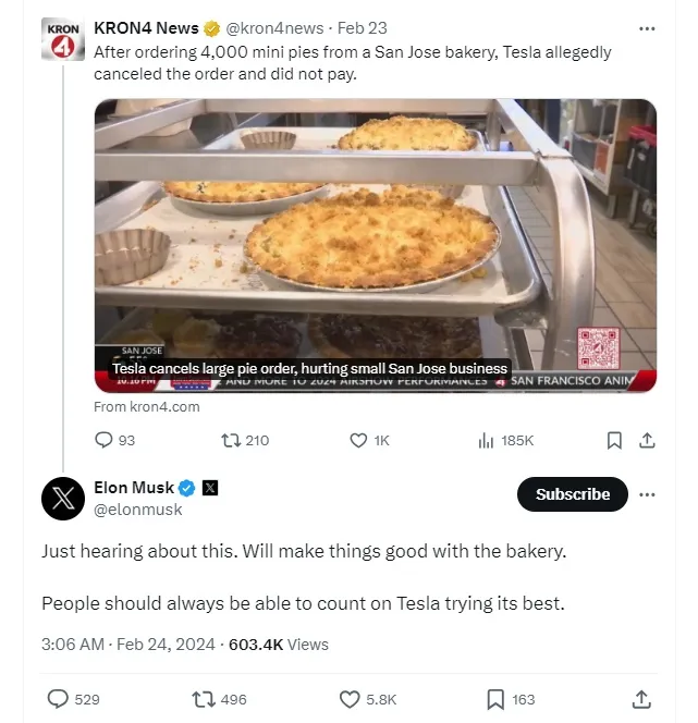 馬斯克緊急回應棄單事件。翻攝X平台