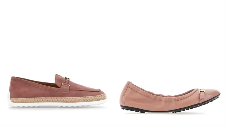 TOD'S T Ring玫瑰色休閒鞋（左）3萬500元、T Timeless玫瑰色芭蕾舞鞋（右）2萬6900元。品牌提供