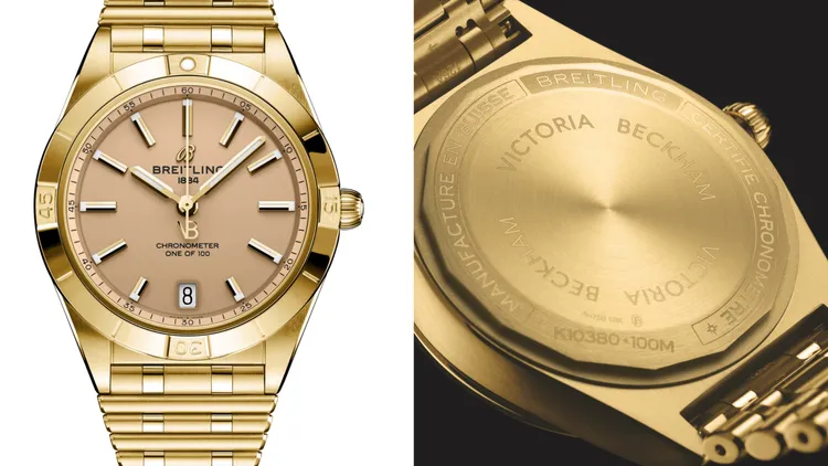 錶面飾有百年靈標誌，指針尾端則有代表貝嫂姓名的「VB」縮寫。品牌提供