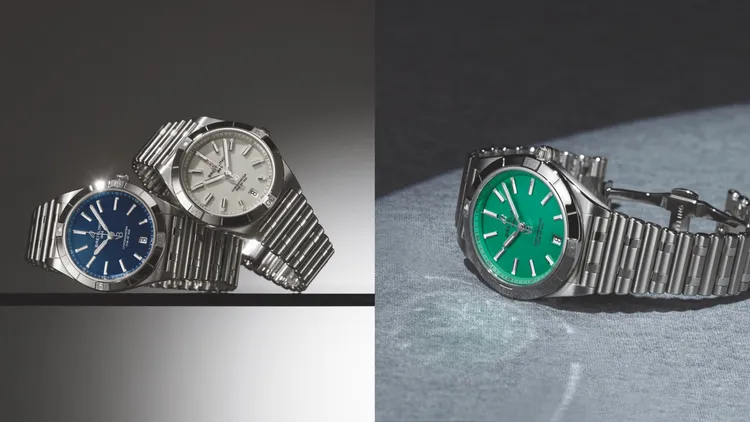 Chronomat 36自動上鍊腕錶維多利亞貝克漢聯名精鋼款，36mm，精鋼錶殼，午夜藍/薄荷綠/鴿子灰錶面，蝴蝶扣精鋼Rouleaux錶帶，百年靈10型機芯，動力儲存42小時，防水深度100米，各限量400只，午夜藍&薄荷綠各16萬2000元、鴿子灰17萬元。品牌提供