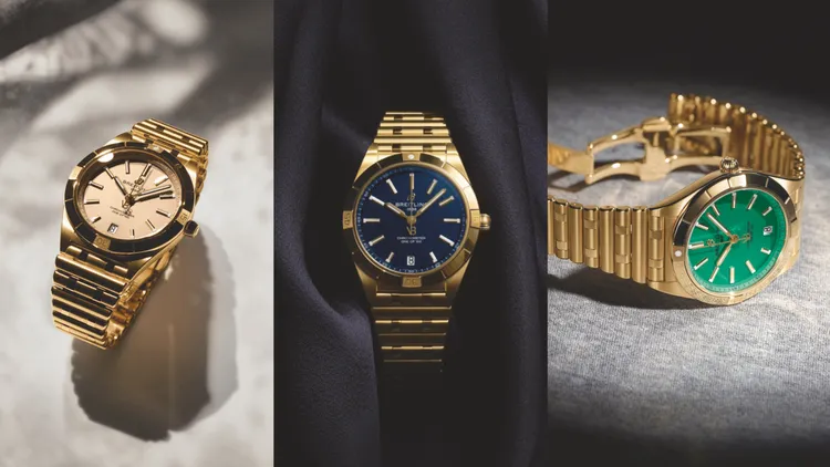 Chronomat 36自動上鍊腕錶維多利亞貝克漢聯名18K黃金錶殼款，36mm，18K黃金錶殼， 午夜藍/薄荷綠/沙色錶面，蝴蝶扣18K黃金Rouleaux錶帶，百年靈10型機芯，動力儲存42小時，防水深度100米，各限量100只，88萬2000元。品牌提供