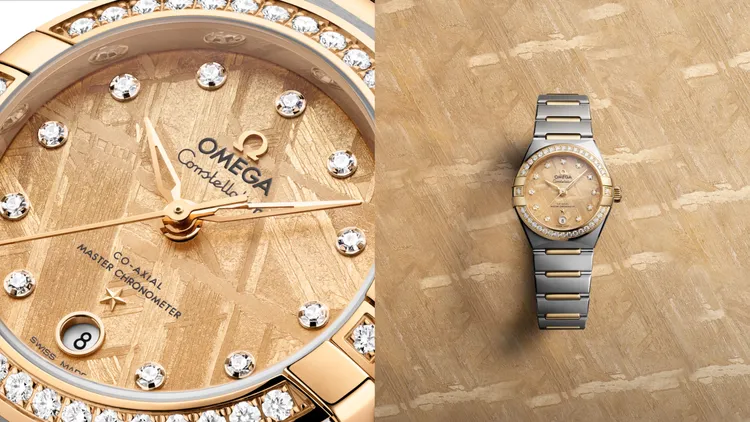 OMEGA星座系列隕石腕錶，29mm，黃金錶殼，隕石錶面，不鏽鋼/黃金錶帶，8700同軸擒縱自動上鍊機芯，動力儲存50小時，防水深度50米，53萬2000元。品牌提供
