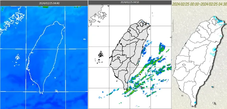 今(25日)晨4：40紅外線色調強化雲圖顯示，迎風面有較多雲層(左圖)。4：50降水回波合成圖顯示，東半部海面有弱降水回波(中圖)。4：30累積雨量圖顯示，桃園以北、東半部零星少量飄雨，北海岸降雨較明顯(右圖)。取自氣象應用推廣基金會