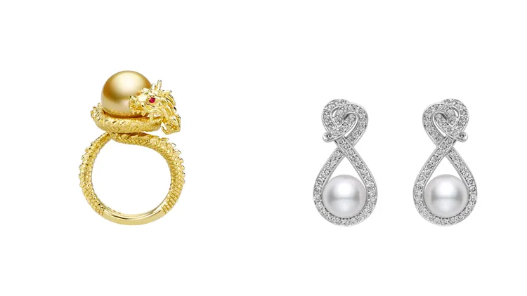 MIKIMOTO金南洋珍珠龍形戒指（左圖）20萬7000元、Ruyi Collection珍珠鑽石耳環（右圖）22萬5000元。品牌提供