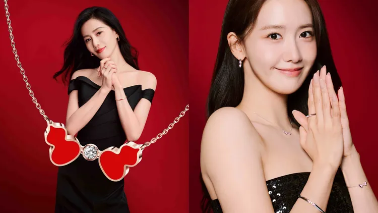 劉詩詩（左圖）與潤娥佩戴Qeelin Wulu Echo Diamond系列赤珠紅和桃夭粉配色作品，價格店洽。品牌提供