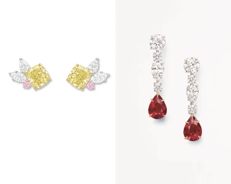 Harry Winston Cluster系列黃鑽鑽石耳環（左圖）、水滴形紅寶石鑽石耳環（右圖）。品牌提供