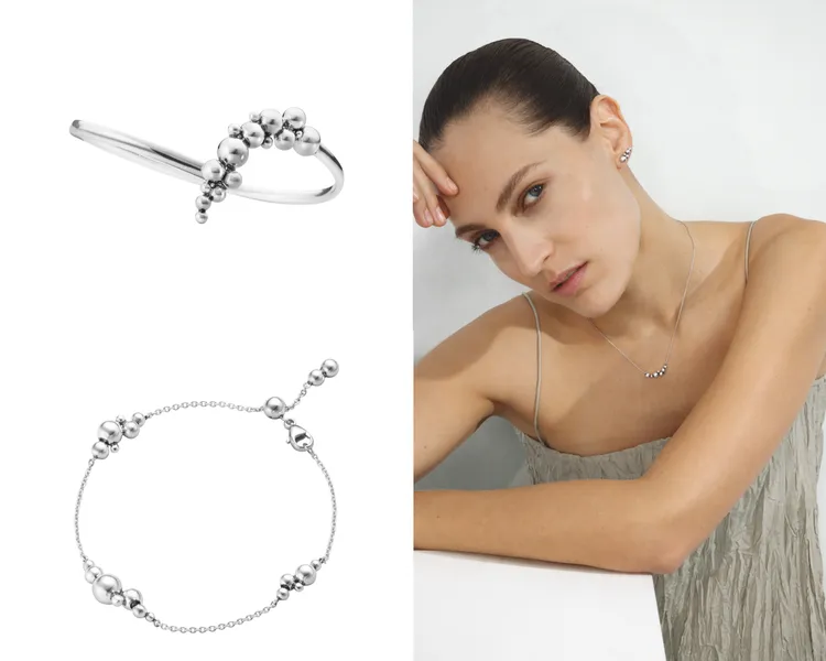 Georg Jensen月光葡萄系列純銀手鐲（左上）1萬1000元、純銀手鍊（左下）8700元。品牌提供