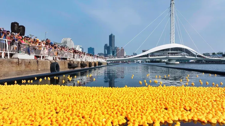 全台首創的「港快跑鴨」水域摸彩活動。市府提供