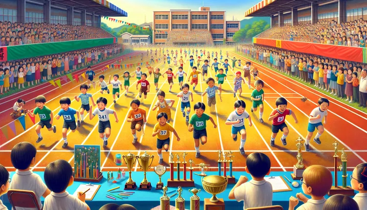 基層學校人員表示，近年學校辦理運動會等活動所使用的音樂、圖像，都會注意著作權問題。圖為學校舉行運動會示意圖，AI生成圖片