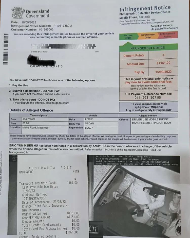 胡文英二哥在澳洲「手機放腿上」開車挨罰。翻攝自胡文英臉書