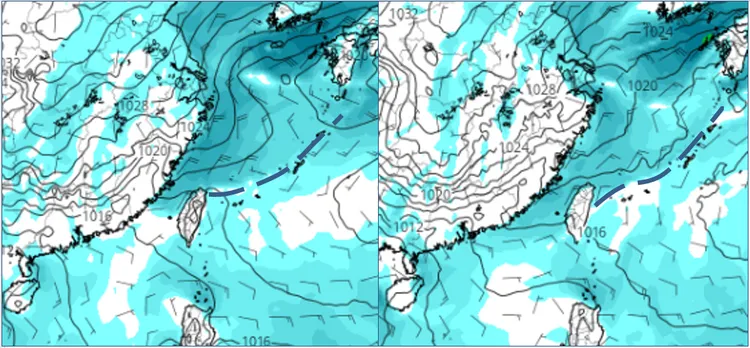 最新(16日20時)歐洲(ECMWF)及美國(GFS)模式，22日20時地面氣壓及風場模擬圖顯示，下週四(22日)下午(右圖)或晚間(左圖)微弱鋒面掠過、東北季風逐漸南下。