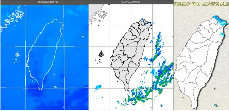 今(24日)晨4：30紅外線色調強化雲圖顯示，迎風面有較多雲層(左圖)。4：30降水回波合成圖顯示，東半部海面有弱降水回波(中圖)。4：30累積雨量圖顯示，北海岸降雨較明顯、東半部零星雨(右圖)。取自氣象應用推廣基金會