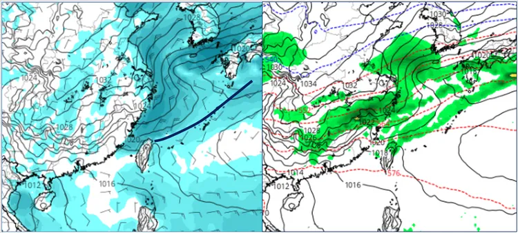 最新(18日20時)歐洲(ECMWF)模式，22日20時地面氣壓及風場模擬(左)圖顯示，週四(22日)傍晚微弱鋒面掠過、東北季風逐漸南下；22日20時地面氣壓及雨量(右)圖顯示，迎風面有降雨。(圖擷自tropical tidbits)取自氣象應用推廣基金會