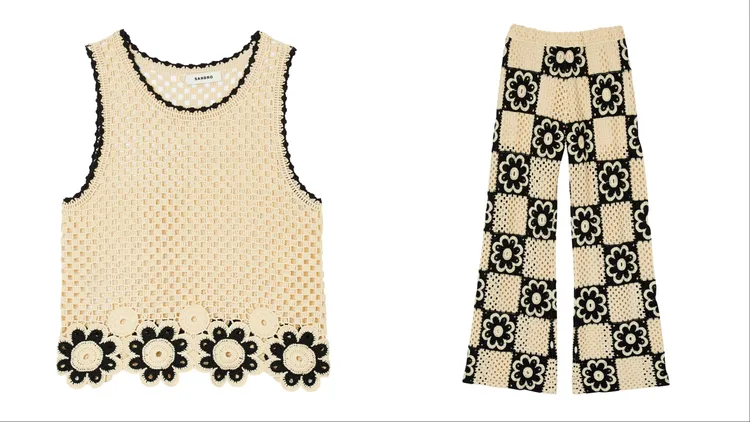 米色花朵針織背心7490元（左）、米色花朵針織寬褲（右）1萬1690元。品牌提供