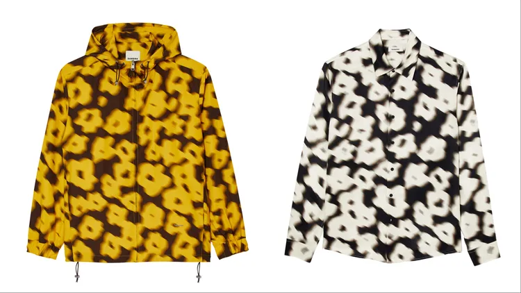黃色印花抽繩外套（左）1萬4690元、黑白印花長袖襯衫（右）9590元。品牌提供