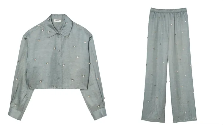 灰綠色水鑽長袖襯衫（左）9590元、灰綠色水鑽寬褲（右）1萬1290元。品牌提供