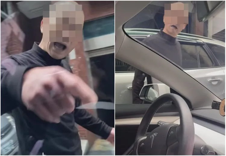 特斯拉女駕駛在車內持手機拍攝黑衣男，指他的舉動嚇壞車上家人。翻攝自臉書「爆料公社二社」
