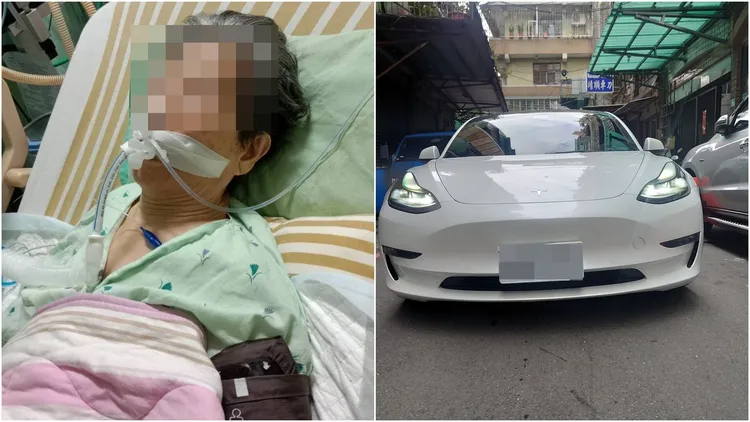 黑衣男貼出母親目前人還在住院治療(左圖)，以及事發當下他反拍鳴按喇叭的特斯拉轎車照片(右圖)。翻攝自臉書「爆料公社二社」