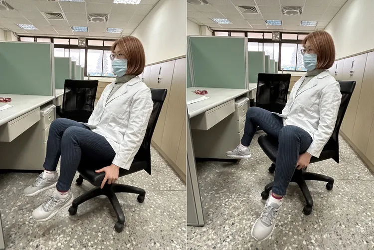 第三招空中開合腳，起始動作，雙腳離地，維持腿部高度，做開合的動作。孫華萱提供