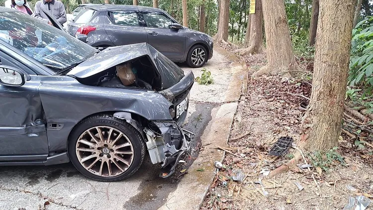 肇事車自撞路樹才停下。讀者提供