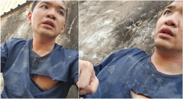 晚安小雞自述在柬埔寨遭毆打，衣服都破了。翻攝自晚安小雞臉書