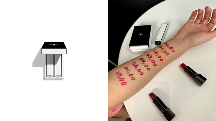 香奈兒超炫耀的絲絨唇膏不眠之夜限定2色禮盒（色號00:00、06:00），3300元。左圖品牌提供、右圖張家玲攝